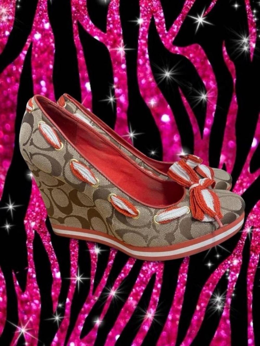 Coach Tena Bow Signature Canvas Wedge Pumps in Khaki with Coral Trim 7.5